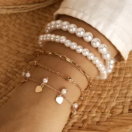 Nowe 5 sztuk / zestawy Eleganckie Bransoletki Kamienne Pearl Dla Kobiet Charms Złoty Heart Tassel Regulowane Akcesoria Biżuteria