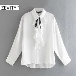 Zevity Womenファッションブラック蝶ネクシジングフリルカジュアルスモックブラウスシャツ女性長袖ビジネスBlusas Tops LS7242 210603