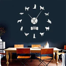 Zegary ścienne Syberyjski Husky Rosyjski Rasy Dog Diy Duży Cichy Zegar Sibirskiy Haski Samoprzylepne Naklejki Giant Art Home Decor Watch