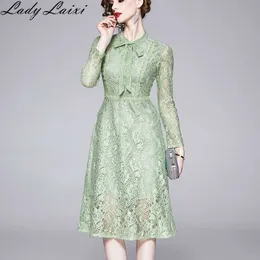 Spring Long Sleeves Temperament Ligth Green Midi Dress Kvinnor Sexig Elegant Lace Club Celebrity Evening Party 210529