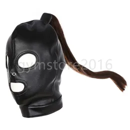 Bondage PU Leather Head Range Hood med eller utan hår peruk Öppna ögon Näshålhållare # 76