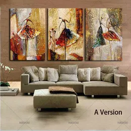 Ballet Dancing Girls Modern 3 Panels 100% Hand Painted Oil Paintings on Canvas Wall Art Work for Living Room Home Decorations 210310