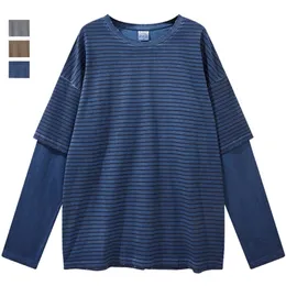 Fake Two-piece T Shirt Striped Oversized Gray Blue Long Sleeve Top Korean Style Fashion Loose Men's And Women's Clothing 220309