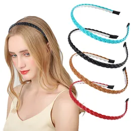 Fashion Women Girls PU Leather Braided Hairbands 1cm Thin Twist Headbands Solid Color Hair Accessories Bezel Hair Hoop Headwrap