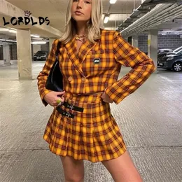 LORDLDS Women Yellow Plaid Two Piece Set Casual Long Sleeve Suits and High waist Pleated Skirts Matching Sets Tracksuits 220302