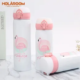 HolaRoom Симпатичные фламинго Pattern Теплоизоляция Вода Бутылка Подпрыгивая крышка Вакуумная чашка Из Нержавеющей Стали Утечка Колбы 211109