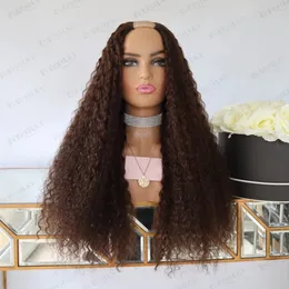 30Inches Dark Chocolate Brown 250Density 2x4 Opening U Part Human Hair Wigs with 6Clips Kinky Curly V PartS Wigs Adjustable Strap