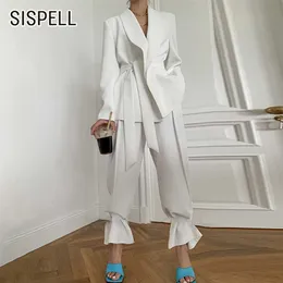 Sisispell Damska Set Lapel Collar Z Długim Rękawem Loose Pas Blazer Coat High Waist Spodnie Nogi Regulowane Spodnie Dla Kobiet Zestaw Dorywcza 211007