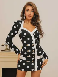 女性サマーポルカドット黒と白の包帯ドレス長袖vネックボタンボディコンクラブイブニングパーティーミニドレス210625
