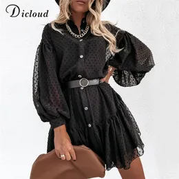 DICLOUD Elegante Black Dot Party Kleider Frauen Petticoat Langarm Knopf Rüschen Damen Mini Tag Kleid Weibliche Weihnachten Kleidung 210309