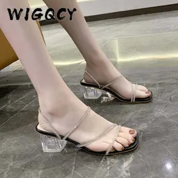 Şeffaf Yüksek Topuklu Kadın Sandalet Yaz Parti Ayakkabı Ünlü Giyen Basit Stil PVC Temizle Strappy Bling Kare Topuk Kadın X0526