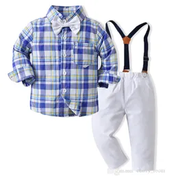 Baby Boys Gentleman Kläder Ställer Barn Långärmad Plädskjorta Bow Slips Suspenders Trousers 2st Passar Barnhöst Outlts S1813
