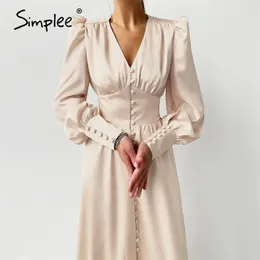 SIMPLEEE Zarif Bahar Saten Bishop Kol A-Line Elbise Kadın V Yaka Yüksek Bel Düğmesi Elbise Katı Vintage Uzun Elbiseler Chic 210309