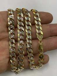 Äkta 925 Sterling Silver 10 k gult guld diamantslipad kubansk länkkedja halsband