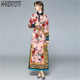 Весной розовый цветочный принт Maxi Dres Элегантный поворот вниз воротник с длинным рукавом цветок Печать свободного раскола с поясом 210531