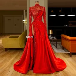 Red Carpet Long Party Dresses Celebrity Evening Dress High Neck Split Side Sexy Prom Gown Full Sleeves Robe De Soiree