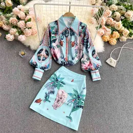 Kvinnors våren European Station Slå ner Colonial Puff Sleeve Shirt + Empire Mini Dress Retro Print Tops D0120 210730
