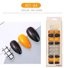 Pumpa gul svart DIY 24PC / Box Stiletto Tryck på falska naglar TRIPS Färdig produkt Användbar Full täckning Tips Konst