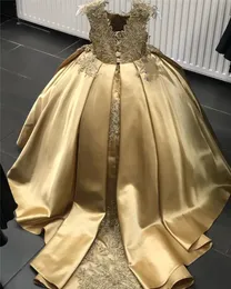 Gold Flower Girl Sukienki na ślub Koronki Aplikacja Satyna Dzieci Urodziny Party Dress Puffy Długi Pociąg Princess Little Girl's Suknia Toddler Formalna Dress Al9813