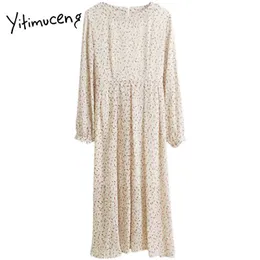 Yitimuceng Fasciatura Solid Vintage Abiti a vita alta Donna O-Collo A-Line Abbigliamento Primavera Moda francese Abito in chiffon 210601