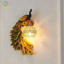 Luxury Indoor Sconce Light Gold Hand Painted Peacock Wall Lamp with Crystal Globe Lampshade for Hotel Store Home Background Decoration