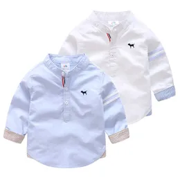 Spring Autumn 2 3 4 6 8 10 Years Solid Color Cotton Mandarin Collar Long Sleeve Dog Baby Kids Children Birthday Shirts Boys 210529