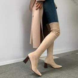 Kleid Schuhe Herbst Winter Netz Rot Spitze Quadratischer Kopf Dünne Beine Elastische Stiefel Ärmel Über Knie Dicke Ferse Ritter