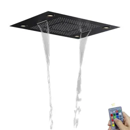 Matt svart 80x60 cm badrum duschhuvud med LED -kontroll av fjärrpanelens regnduschvattenfall som atomiserar regn