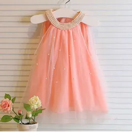 MUABABY Beadings Girl Dress Summer Sleeveless Children Casual Clothing White Pink Beadings Tulle Kids Princess Dresses for 2-6T Q0716