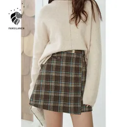 FANSILANEN Wool blend plaid sexy mini skirt Women elegant autumn winter a-line High waist vintage short asymmetrical 210607