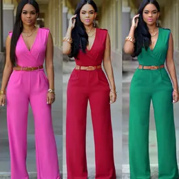 Kvinnor Jumpsuits Summer V Neck Wide Ben Rompers High Waist Byxor Casual Pant Ladies Sport Loose Trousers Fashion LX