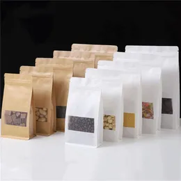100pcs/lot Stand Up Kraft Paper Bags Coffee Snack Cookie Gifts Storage Bags with Window Food Storage Pouch