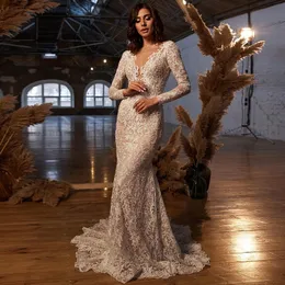 Vestido de Noiva Lace Mermaid Bröllopsklänning 2021 Sheer Neck Long Sleeves Backless Bridal Gown Robe de Mariage