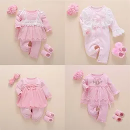 born Baby Girl Clothes Fall Cotton Lace Princess Style Jumpsuit 0-3 Months Infant Romper With Socks Headband ropa bebe 220105