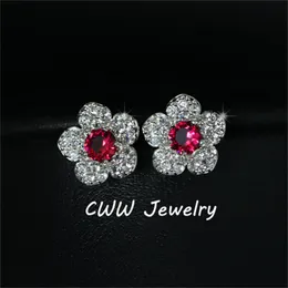 Fashion Red Crystal Jewelry White Gold Color AAA+ Cubic Zirconia Pave Cute Flower Stud Earrings For Ladies CZ222 210714