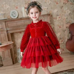 Modern Long Sleeve Velvet Girls Red Performance Dress Christmas Outfit Cloth Wedding Party Kids for 4 7 9 12 14 Year 211231