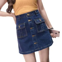 Denim kjol hög midja a-line mini kjolar kvinnor sommar ankomster enkelknappfickor blå jean kjol stil saia jeans r472 storlek xl