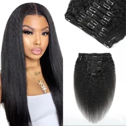Peruvian Remy Human Hair Kinky Straight Clip in Extensions for Black Women 120g 8pcs/set Natural Color Wefts Full Head