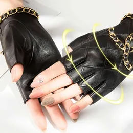2Pcs Women's Genuine Leather Half Gloves with Metal Chain Skull Punk Motorcycle Biker Fingerless Glove Cool Touch Screen Gloves H1022