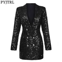 Pyjtrl Moda Kobiety Szal Lapel Błyszczące Cekiny Kurtka Kurtka Samica Dwuosobowy Długi Płaszcz Slim Fit Blazers Ubrania Jesienne 210930