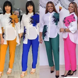 HGTE 2 pcs ets Africa Clothing Women Plus Size Pant Suits Ladies Business Office Shirt Tops pants Suits African Set For Ladies Y0625