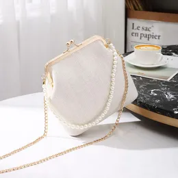 Akşam çantaları retro tuval metal klipli kabuk crossbody kadınlar için çanta inci zinciri omuz messenger çantası bayan çanta debriyajı bolsa mujer