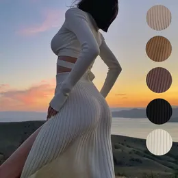 Новые белые вязаные две части женщин устанавливают падение ребристых урожая верхняя и плиссированная вязаная юбка костюмы для женщин MIDI платье наборы 2022