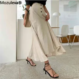 Mozuleva Mulheres Elásticas Vintage Botões Irregular Saias Verão Feminino Casual Algodão e Linho Split Long 210708