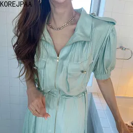 Korejpaa Mädchen Kleid Sommer Elegantes Temperament Revers Reißverschluss Doppeltasche Kordelzug Hohe Taille Plissee Große Schaukel Vestido 210526