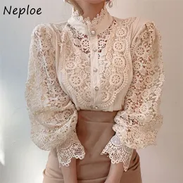 Neploe Chic Button pusta kwiat koronkowa patchworkowa koszula stojak kołnierz cała mecz femme blusas-płatek rękawy płatków bluzki 220307