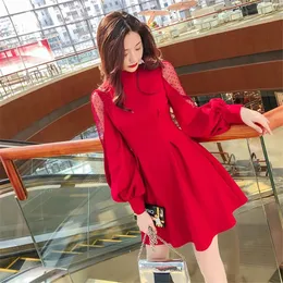 Casual Dresses 2021 Spring Women Mesh High Street Elegant Vintage Lantern Sleeve Mini Dress Sexy Solid A-line Party Vestidos K418