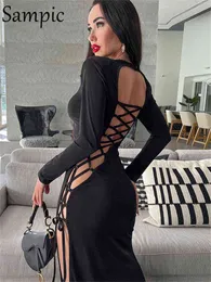 Sampic O Neck Sexig Backless Bandage Fahsion High Split Women Bodycon Lång Klänning Hollow Out Black Party Wrap Långärmad Klänning Y1204