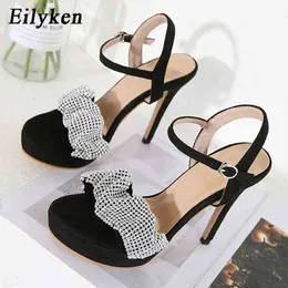 Sandalet Eilyken-Sandalias De Plataforma Plisadas Con Diamantes de Imitación Para Mujer Zapatos De Tacón Ultra Alto Con Hebilla Y Correa Para Fiesta 220310