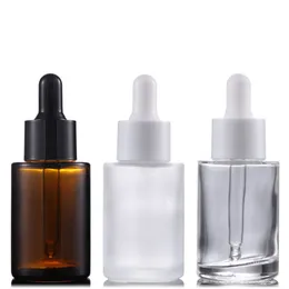 30ML Glass Bottle Flat Shoulder Frosted/Transparent/Amber Round Essential Oil Serum Bottles With Glasses Dropper Cosmetic Essence 5348 Q2